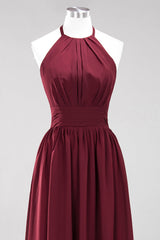 Elegant High-Neck Halter Long Affordable Bridesmaid Dresses with Ruffles-Babyonlines