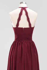 Elegant High-Neck Halter Long Affordable Bridesmaid Dresses with Ruffles-Babyonlines