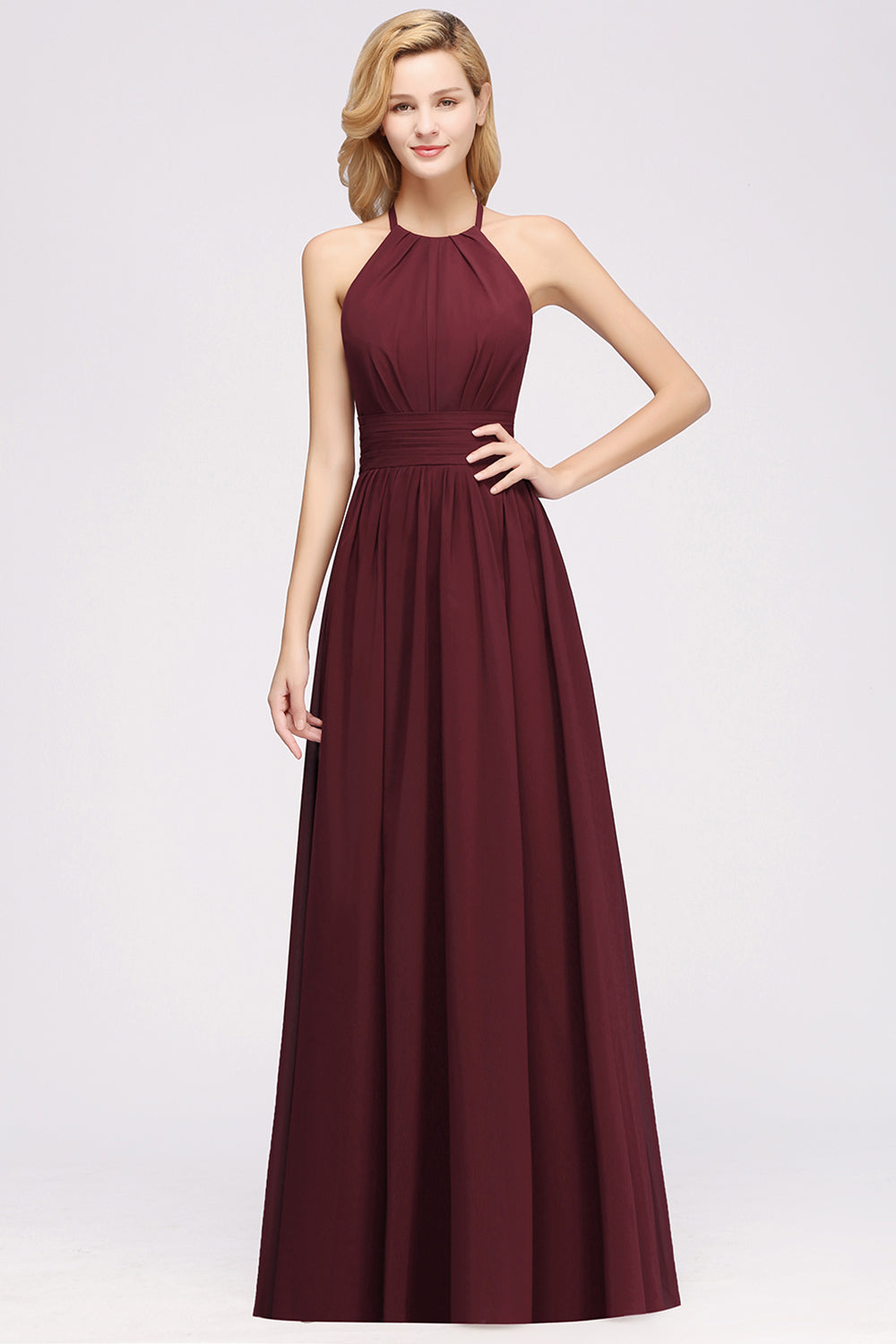 Elegant High-Neck Halter Long Affordable Bridesmaid Dresses with Ruffles-Babyonlines