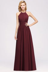 Elegant High-Neck Halter Long Affordable Bridesmaid Dresses with Ruffles-Babyonlines