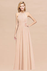 Elegant High-Neck Halter Long Affordable Bridesmaid Dresses with Ruffles-Babyonlines