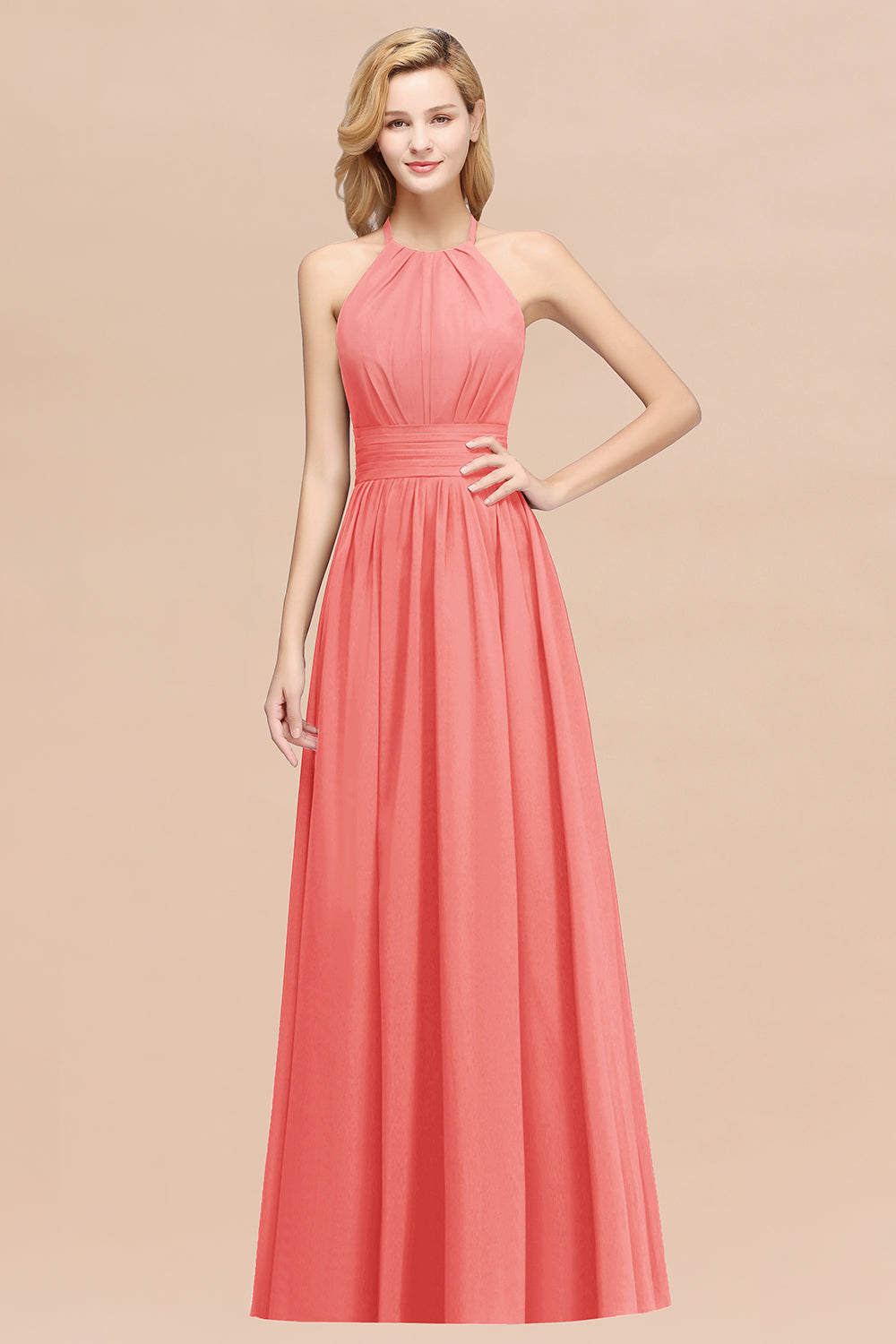 Elegant High-Neck Halter Long Affordable Bridesmaid Dresses with Ruffles-Babyonlines
