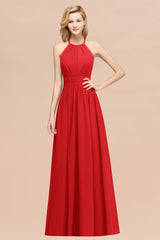 Elegant High-Neck Halter Long Affordable Bridesmaid Dresses with Ruffles-Babyonlines