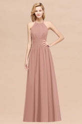Elegant High-Neck Halter Long Affordable Bridesmaid Dresses with Ruffles-Babyonlines