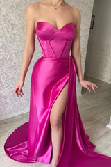 Elegant Hot Pink Sweetheart Sleeveless Prom Dress with Split