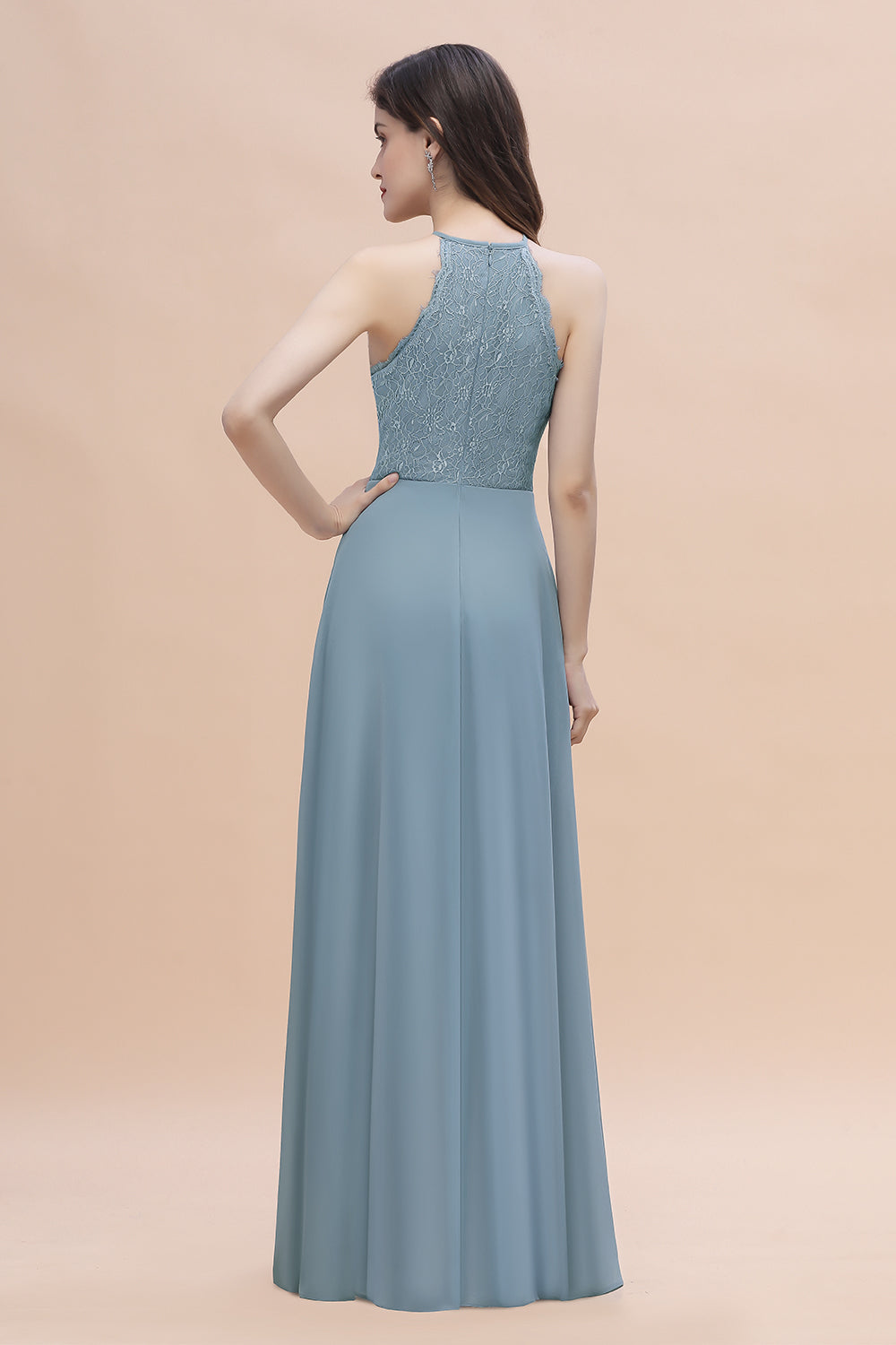 Elegant Jewel Lace Appliques Dusty Blue Chiffon Bridesmaid Dress On Sale-Babyonlines