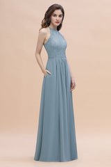 Elegant Jewel Lace Appliques Dusty Blue Chiffon Bridesmaid Dress On Sale-Babyonlines