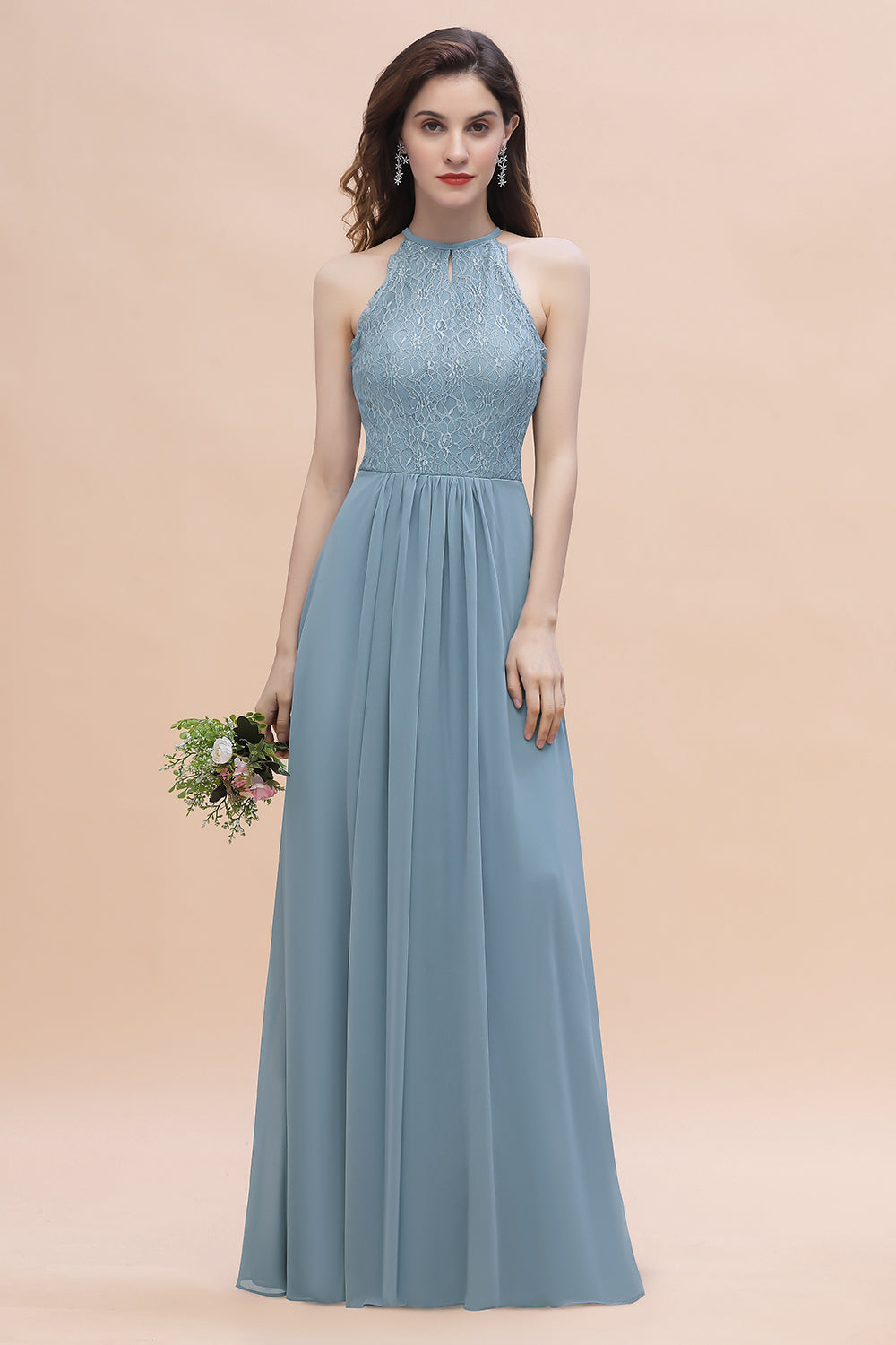 Elegant Jewel Lace Appliques Dusty Blue Chiffon Bridesmaid Dress On Sale-Babyonlines