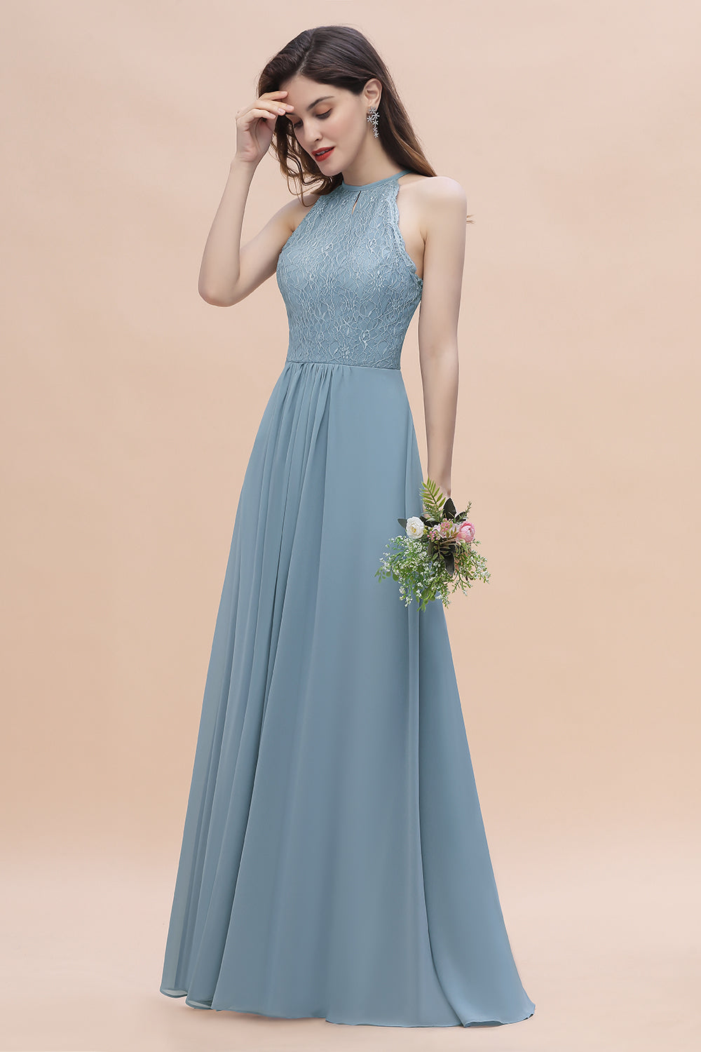 Elegant Jewel Lace Appliques Dusty Blue Chiffon Bridesmaid Dress On Sale-Babyonlines