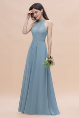 Elegant Jewel Lace Appliques Dusty Blue Chiffon Bridesmaid Dress On Sale-Babyonlines
