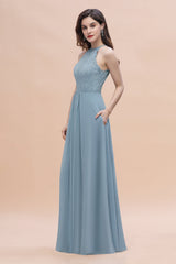 Elegant Jewel Lace Appliques Dusty Blue Chiffon Bridesmaid Dress On Sale-Babyonlines