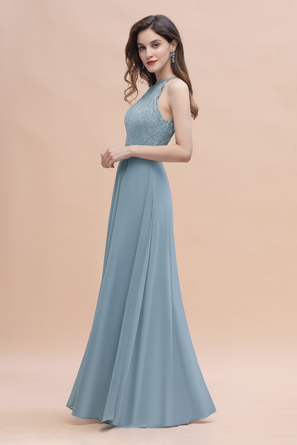 Elegant Jewel Lace Appliques Dusty Blue Chiffon Bridesmaid Dress On Sale-Babyonlines