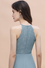 Elegant Jewel Lace Appliques Dusty Blue Chiffon Bridesmaid Dress On Sale-Babyonlines