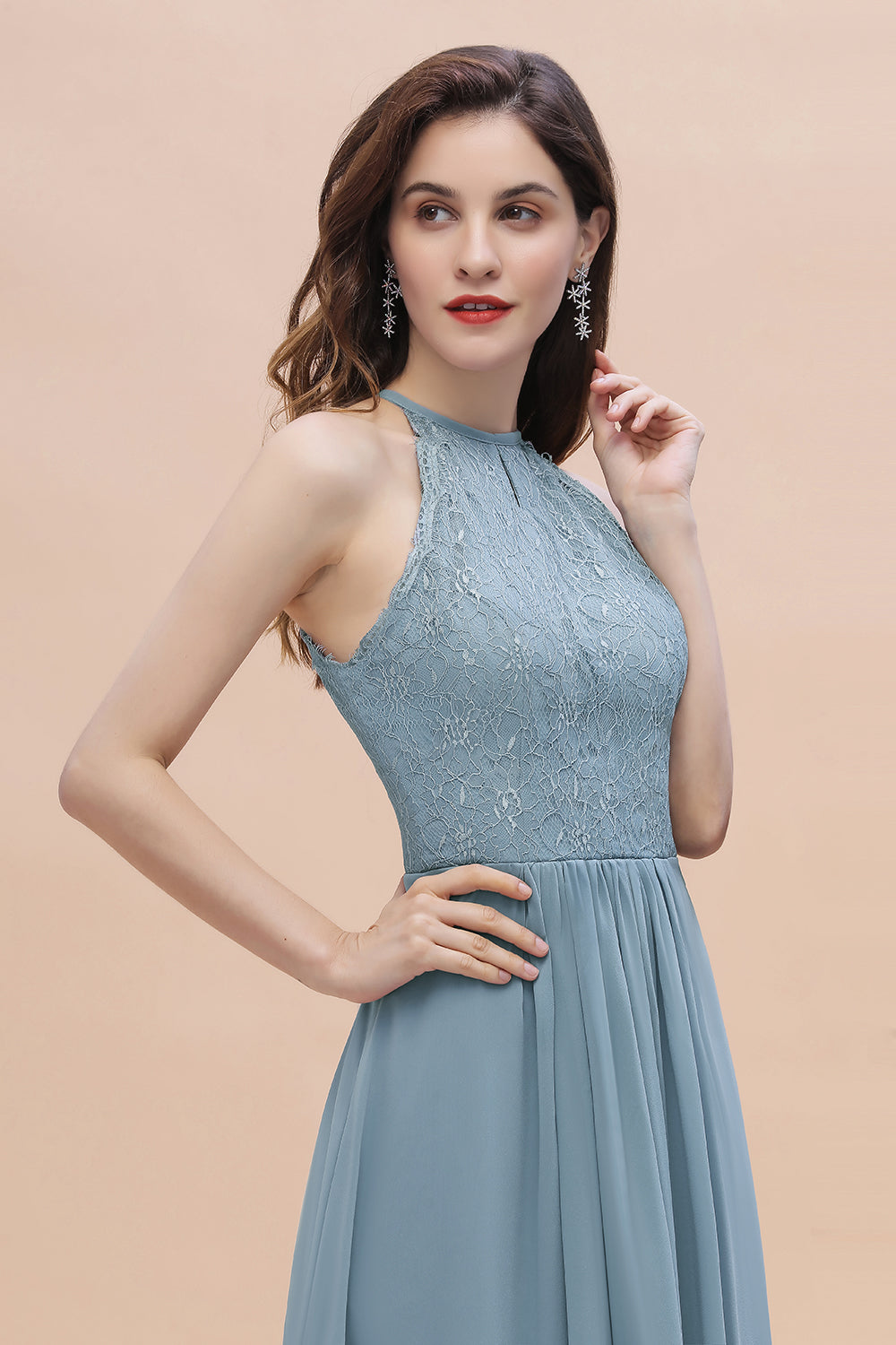 Elegant Jewel Lace Appliques Dusty Blue Chiffon Bridesmaid Dress On Sale-Babyonlines