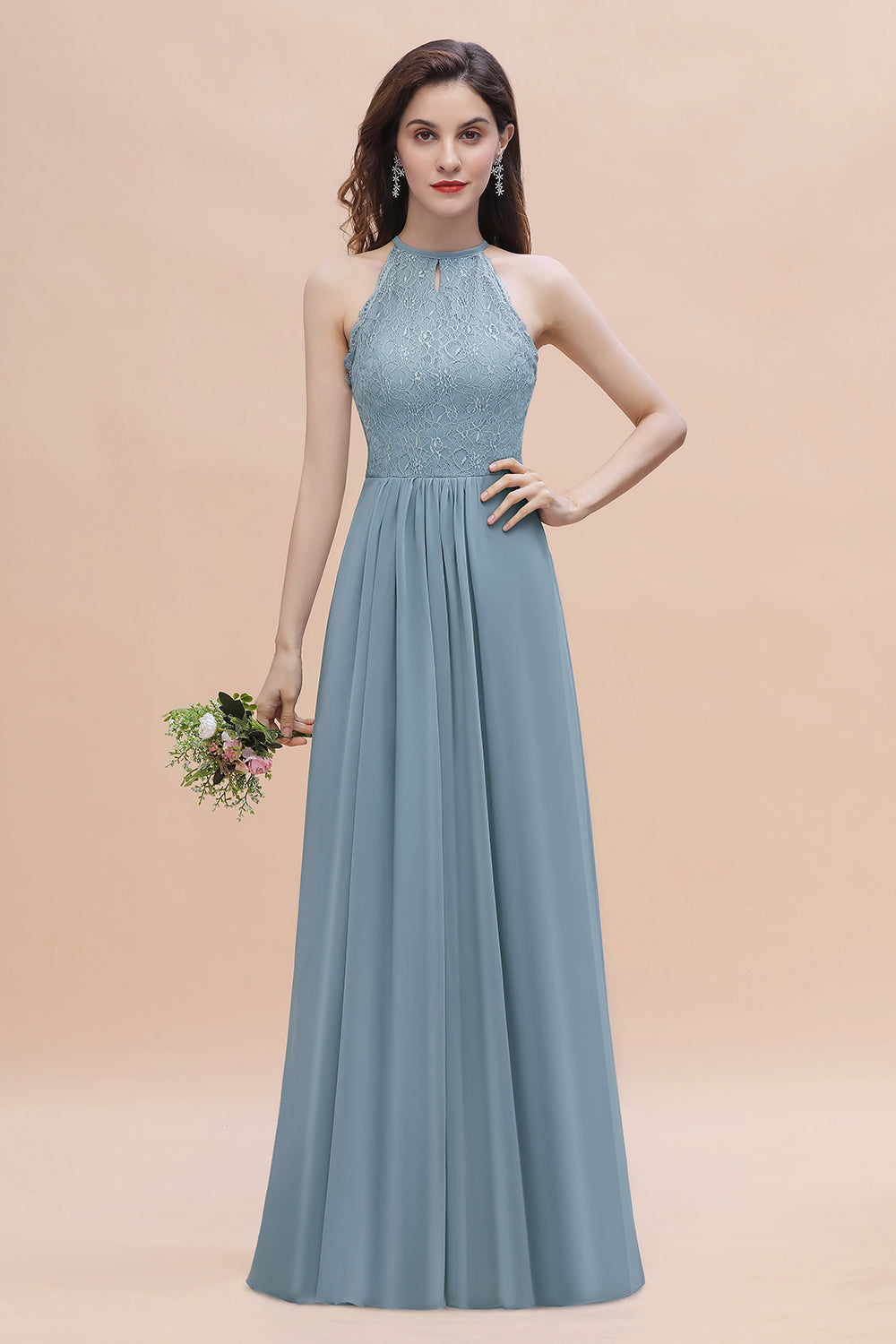 Elegant Jewel Lace Appliques Dusty Blue Chiffon Bridesmaid Dress On Sale-Babyonlines