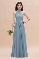 Elegant Jewel Lace Appliques Dusty Blue Chiffon Bridesmaid Dress On Sale-Babyonlines