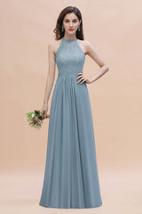 Elegant Jewel Lace Appliques Dusty Blue Chiffon Bridesmaid Dress On Sale-Babyonlines