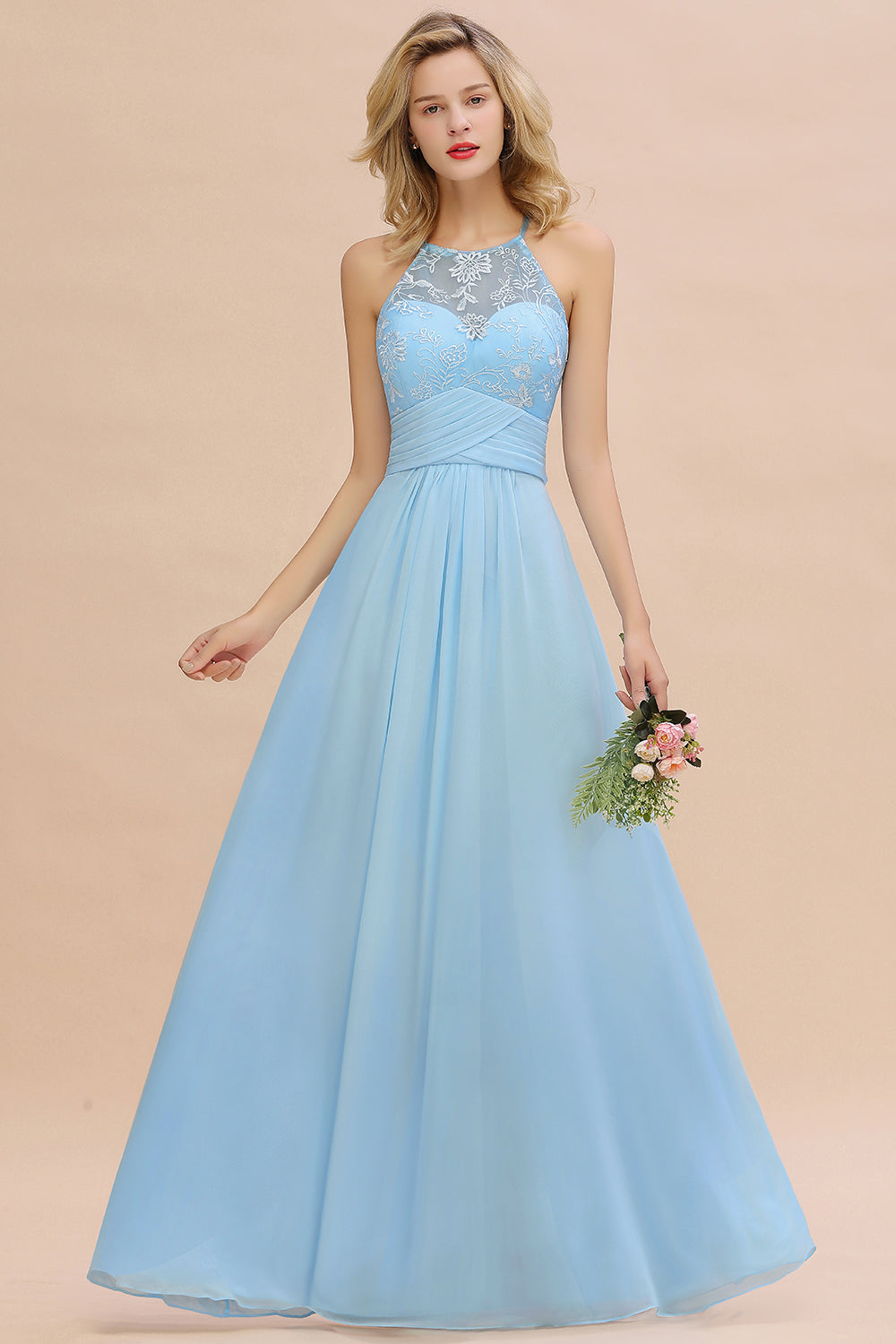Elegant Jewel Ruffle Affordable Chiffon Bridesmaid Dress with Appliques-Babyonlines
