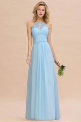 Elegant Jewel Ruffle Affordable Chiffon Bridesmaid Dress with Appliques-Babyonlines