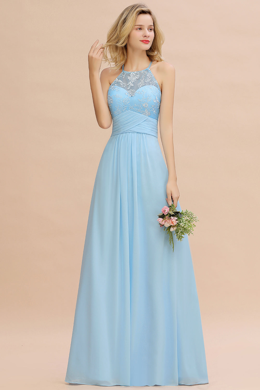 Elegant Jewel Ruffle Affordable Chiffon Bridesmaid Dress with Appliques-Babyonlines