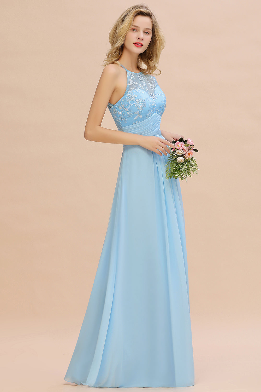 Elegant Jewel Ruffle Affordable Chiffon Bridesmaid Dress with Appliques-Babyonlines