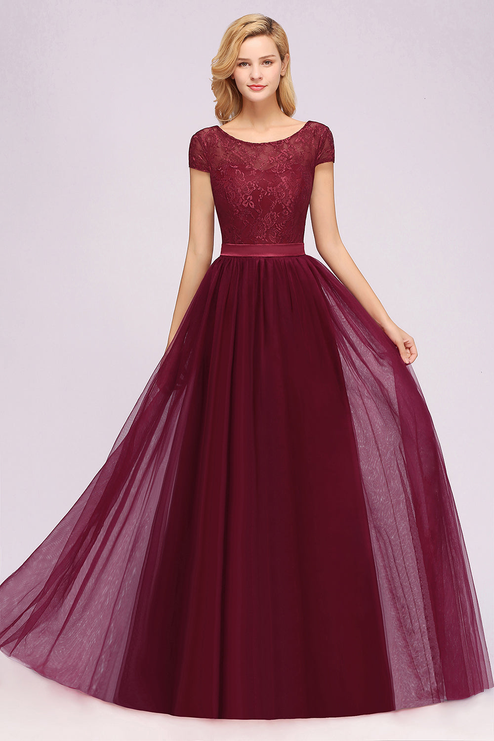 Elegant Lace Cap Sleeves Burgundy Bridesmaid Dresses Affordable-Babyonlines