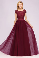 Elegant Lace Cap Sleeves Burgundy Bridesmaid Dresses Affordable-Babyonlines