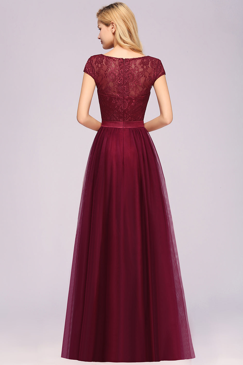 Elegant Lace Cap Sleeves Burgundy Bridesmaid Dresses Affordable-Babyonlines