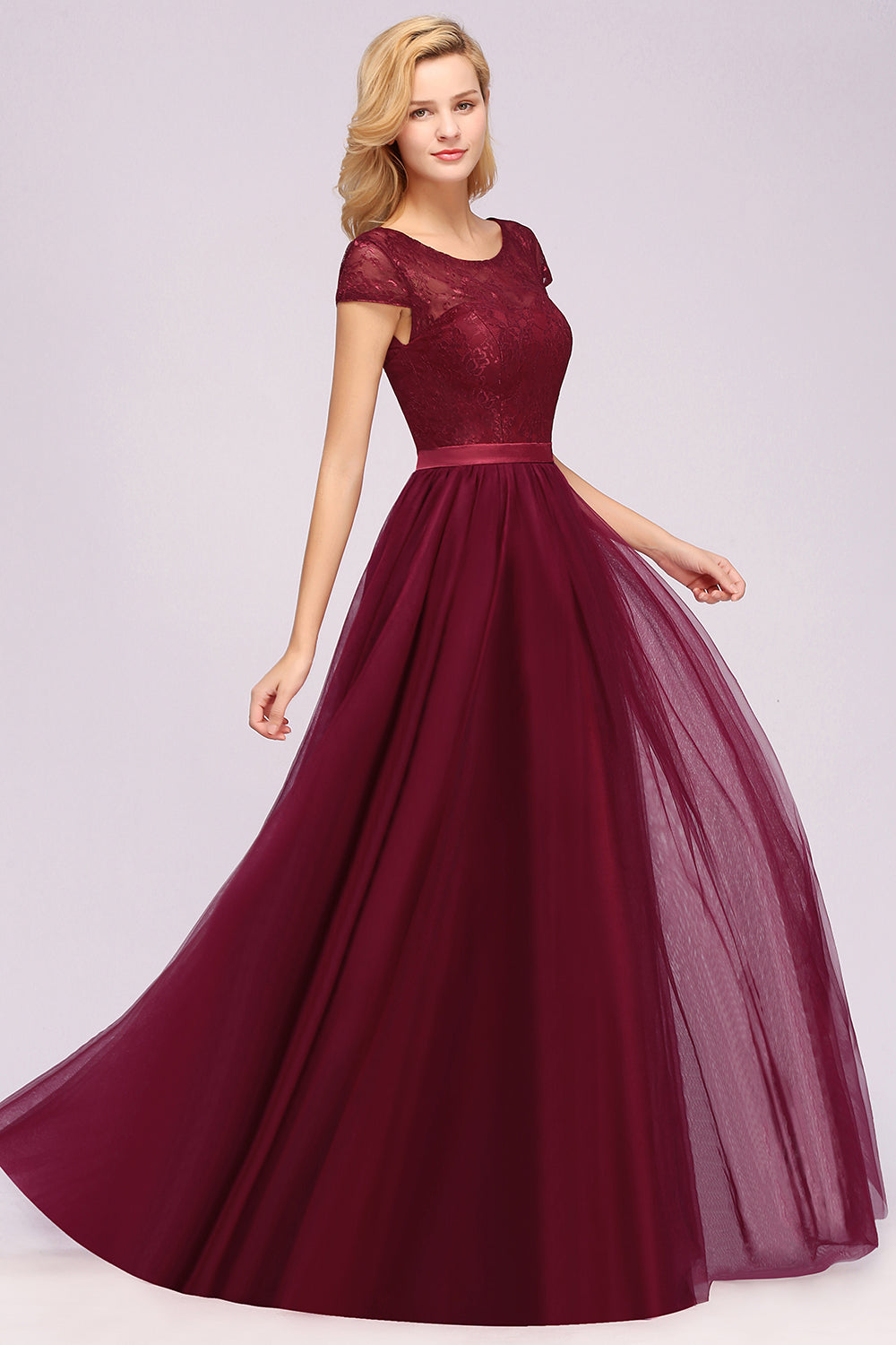 Elegant Lace Cap Sleeves Burgundy Bridesmaid Dresses Affordable-Babyonlines