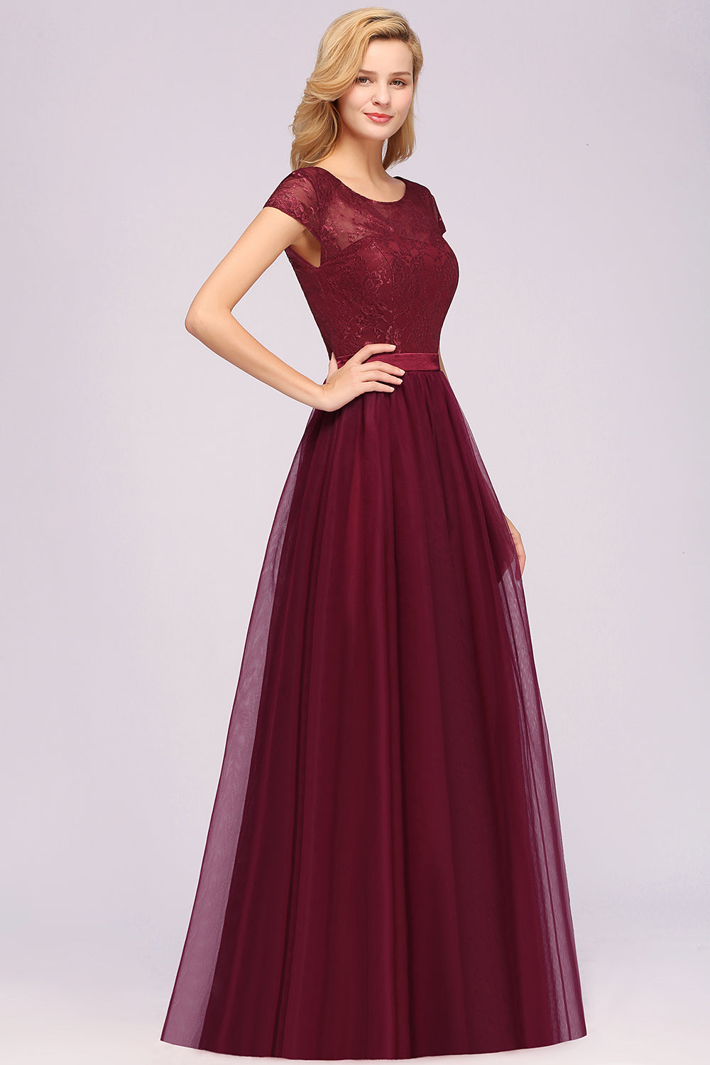 Elegant Lace Cap Sleeves Burgundy Bridesmaid Dresses Affordable-Babyonlines