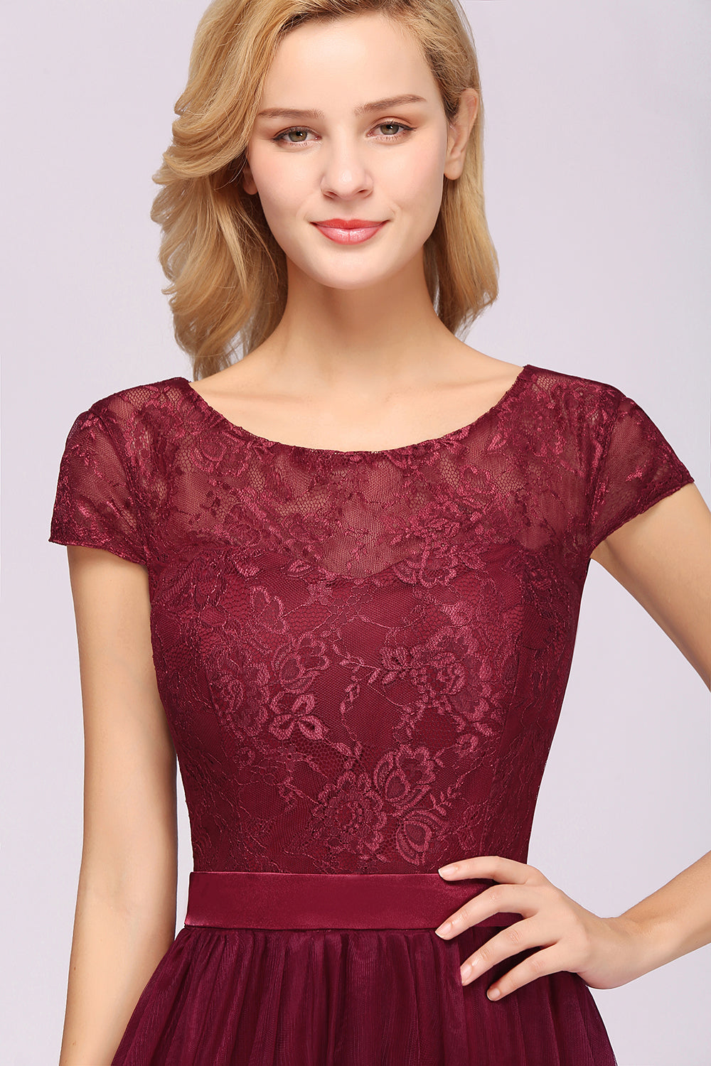 Elegant Lace Cap Sleeves Burgundy Bridesmaid Dresses Affordable-Babyonlines