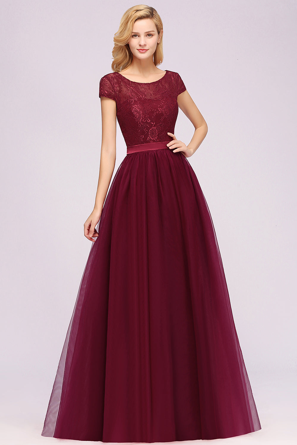 Elegant Lace Cap Sleeves Burgundy Bridesmaid Dresses Affordable-Babyonlines