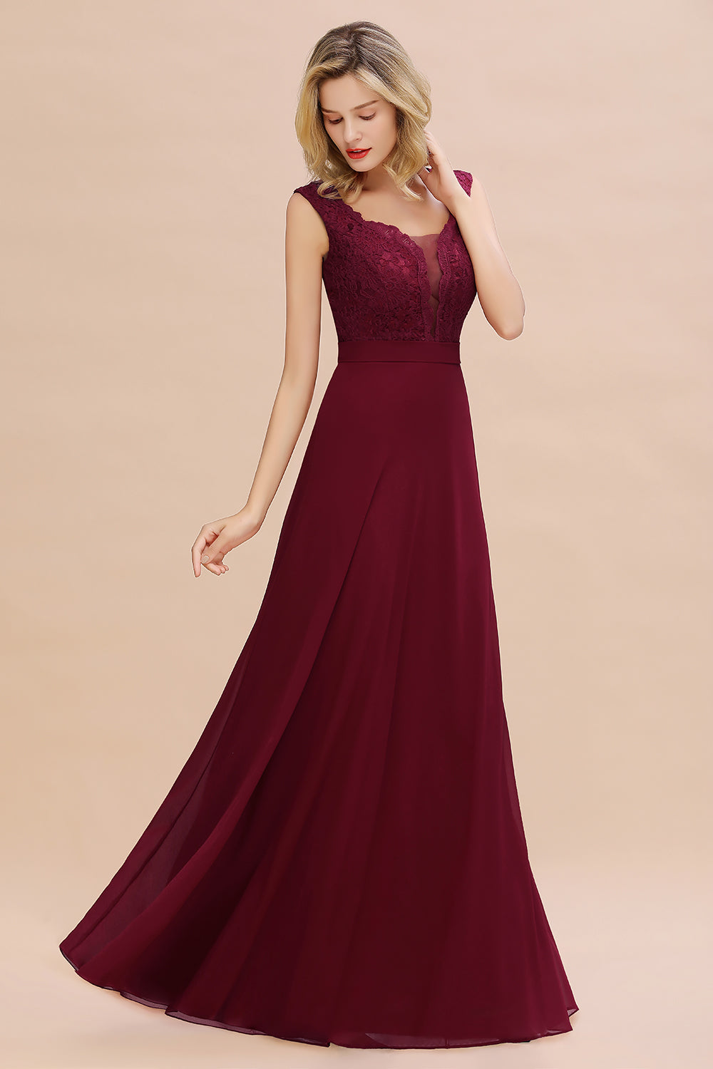 Elegant Lace Deep V-Neck Burgundy Bridesmaid Dress Affordable-Babyonlines