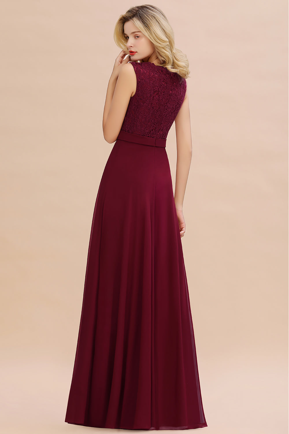 Elegant Lace Deep V-Neck Burgundy Bridesmaid Dress Affordable-Babyonlines