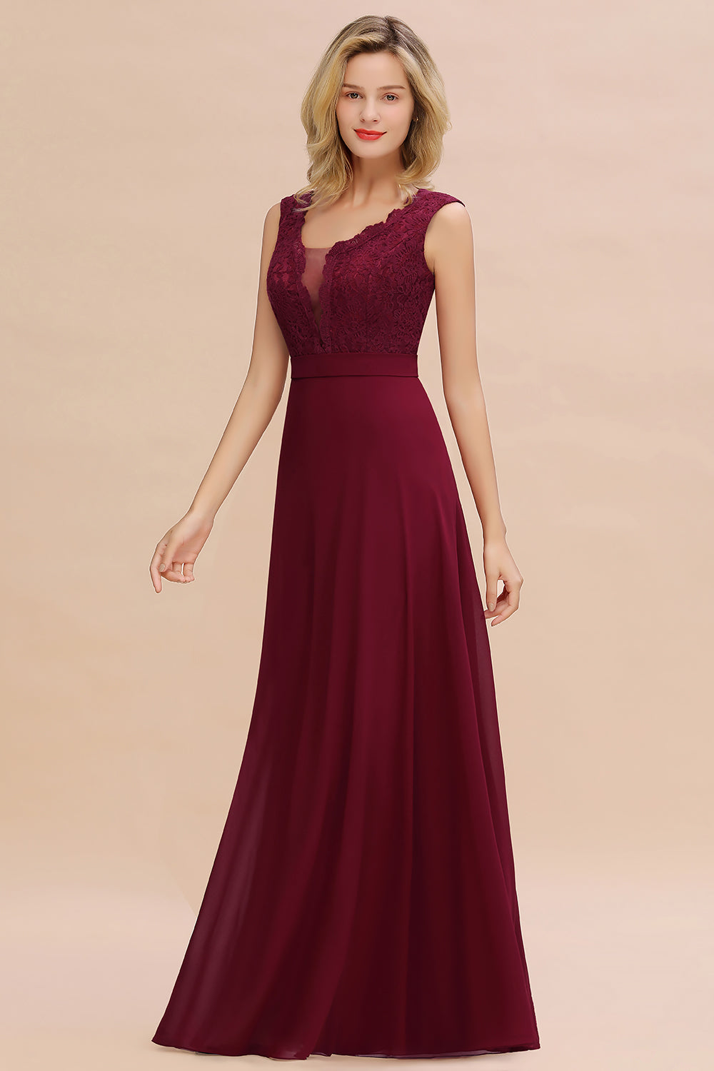 Elegant Lace Deep V-Neck Burgundy Bridesmaid Dress Affordable-Babyonlines