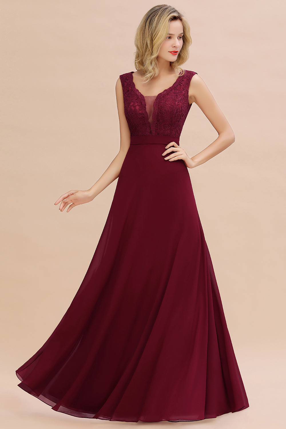 Elegant Lace Deep V-Neck Burgundy Bridesmaid Dress Affordable-Babyonlines