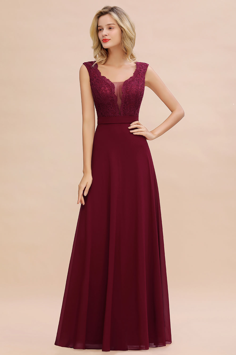 Elegant Lace Deep V-Neck Burgundy Bridesmaid Dress Affordable-Babyonlines