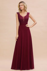 Elegant Lace Deep V-Neck Burgundy Bridesmaid Dress Affordable-Babyonlines