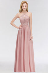 Elegant Lace Keyhole Halter Dusty Rose Chiffon Bridesmaid Dress Affordable-Babyonlines