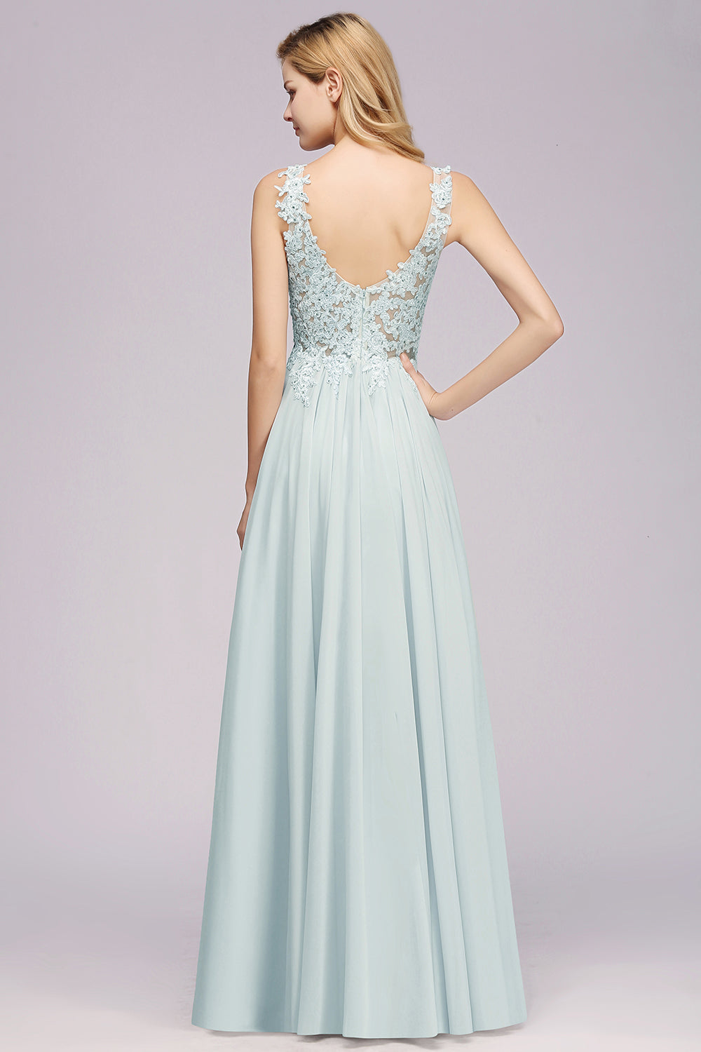 Elegant Lace V-Neck Chiffon Affordable Bridesmaid Dress with Beadings-Babyonlines