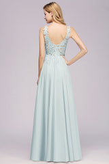Elegant Lace V-Neck Chiffon Affordable Bridesmaid Dress with Beadings-Babyonlines