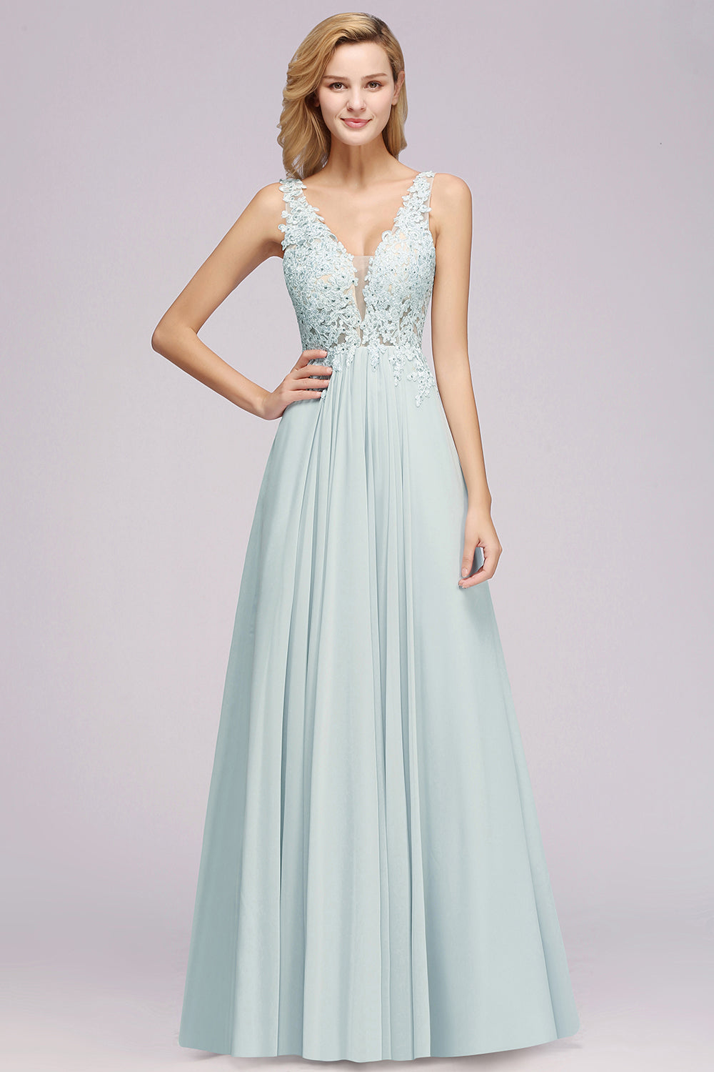 Elegant Lace V-Neck Chiffon Affordable Bridesmaid Dress with Beadings-Babyonlines