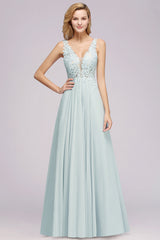 Elegant Lace V-Neck Chiffon Affordable Bridesmaid Dress with Beadings-Babyonlines