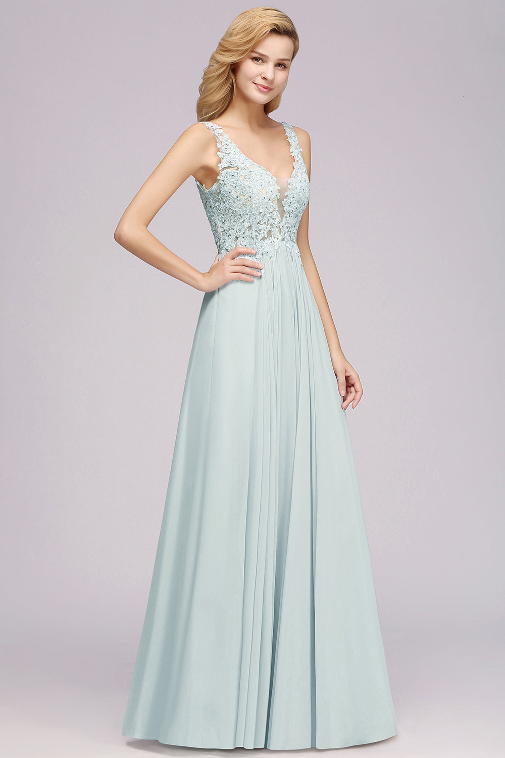 Elegant Lace V-Neck Chiffon Affordable Bridesmaid Dress with Beadings-Babyonlines