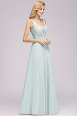 Elegant Lace V-Neck Chiffon Affordable Bridesmaid Dress with Beadings-Babyonlines