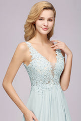 Elegant Lace V-Neck Chiffon Affordable Bridesmaid Dress with Beadings-Babyonlines
