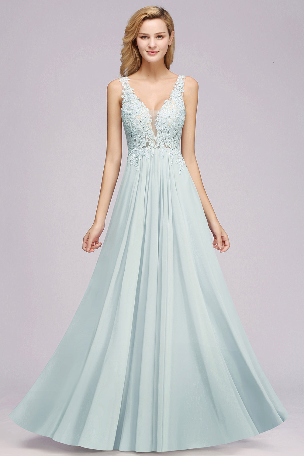 Elegant Lace V-Neck Chiffon Affordable Bridesmaid Dress with Beadings-Babyonlines
