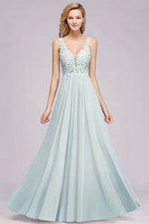 Elegant Lace V-Neck Chiffon Affordable Bridesmaid Dress with Beadings-Babyonlines