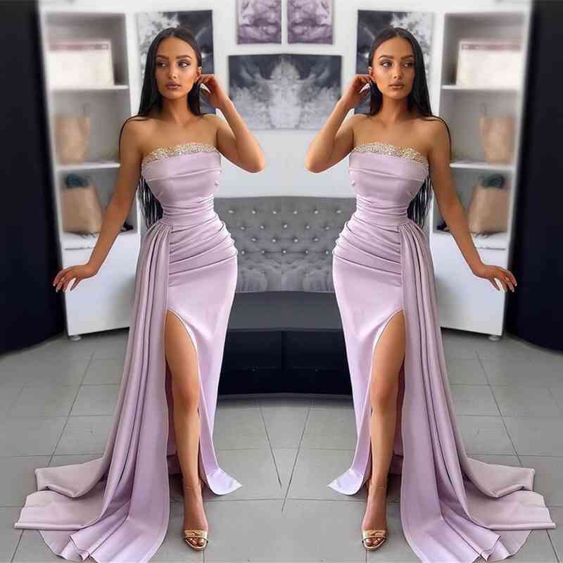 Elegant Lavender Off-the-Shoulder Evening Dress with Pleated Applique Slit