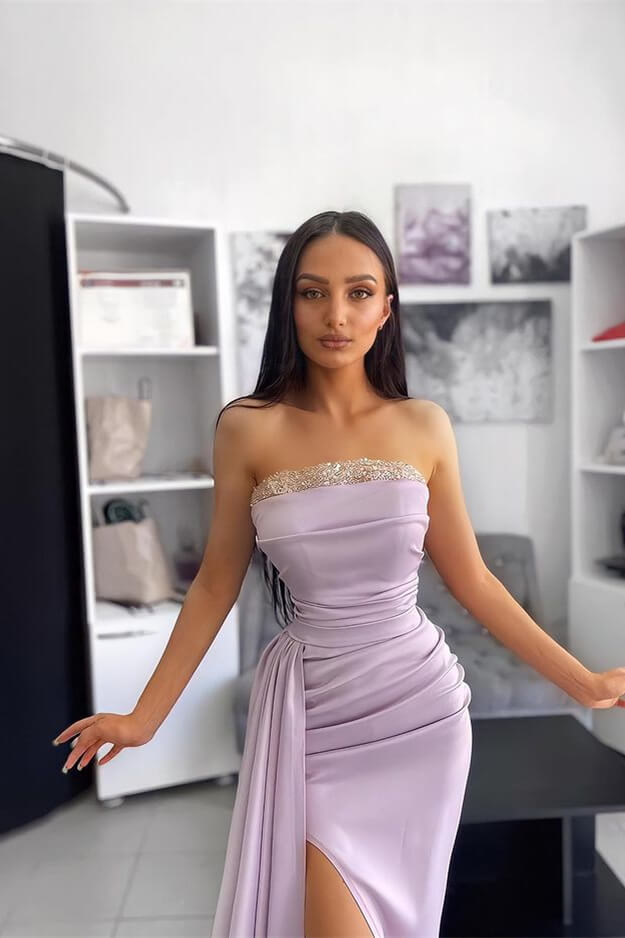 Elegant Lavender Off-the-Shoulder Evening Dress with Pleated Applique Slit